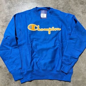 NWT Champion Reverse Weave Sweatshirt Spellout Yellow Blue Long Sleeve Mens